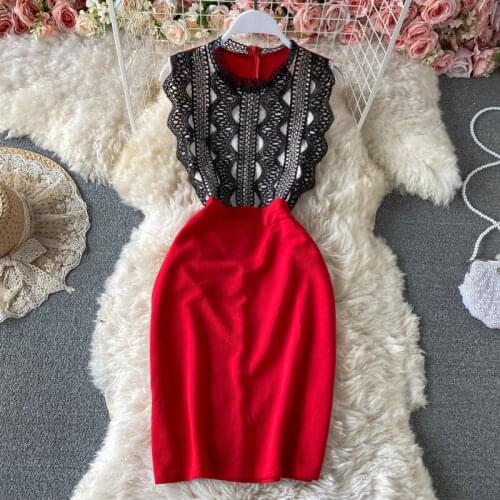 Color Patchwork Lace summer woman dress O Neck Hollow Out Casual home women dresses Zipper Bodycon Sheath Sleeveless vestidos