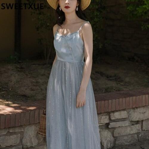 SWEETXUE 2021 Women Summer Vintage Elegant Temperament Beaded Mesh Princess Blue Spaghetti Strap Chic Fairy Dress Female Vestido