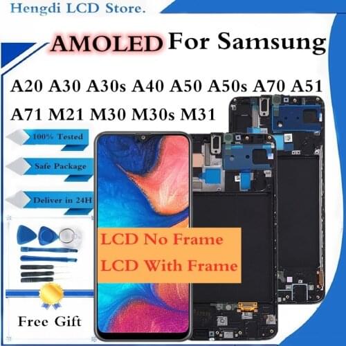 AMOLED LCD For Samsung Galaxy A20 A30 A40 A50 A70 Display Touch Screen Digitizer With Frame For Samsung A51 A71 M21 M31 M30 LCD