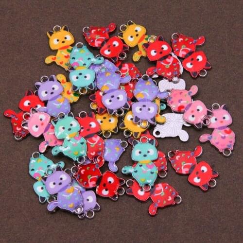 6pcs mixed color Enamel drop oil cute cat charm connector for female girls DIY jewelry making bracelet accessories wholesale