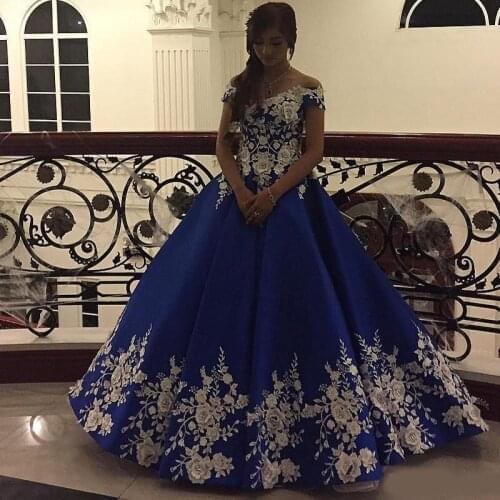 Arabic Dubai Royal Blue Quinceanera Dresses Off Shoulder Lace Applique Flowers Floor Length Fomral Dress Party Gown robes de