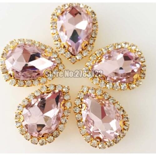 Free shipping Pink faltback sew on Crystal button,high quality Glass Crystal Gold bottom loose rhinestones 10pcs/bag diy garment