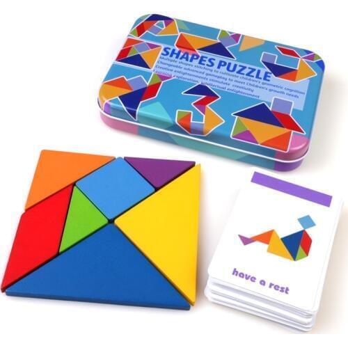 Kid Wooden Tangram Jigsaw Toys Training Puzzle Cognitive Children Early Education Puzzle Toy with 60 Introduction Cards iron Box