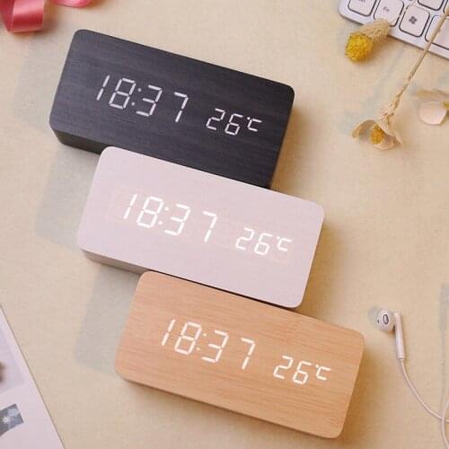 Home Decor USB Alarm Clock LED Wooden Luminous Mute Temperature Dual Display Voice Control Wooden Electronic Desktop Decoration