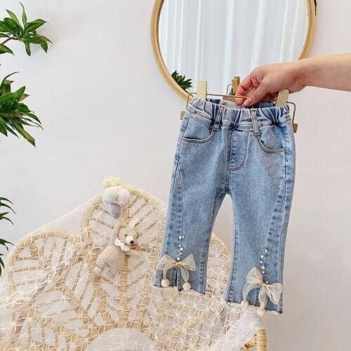 2 3 4 5 6 Y Baby Girls Jeans 2021 New Kids Korean Casual Split Flares Pants Bowknot Pearl Baby Spring Soft Denim Pants for Girl