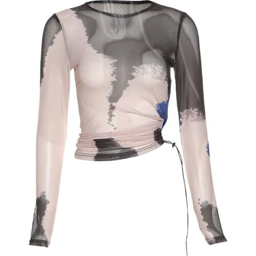 Womens Fashion Perspective Hollow Printed T-Shirt Summer O Neck Tie Dye Sexy Tees Long Sleeve Casual Tops Slim Female Streetwear