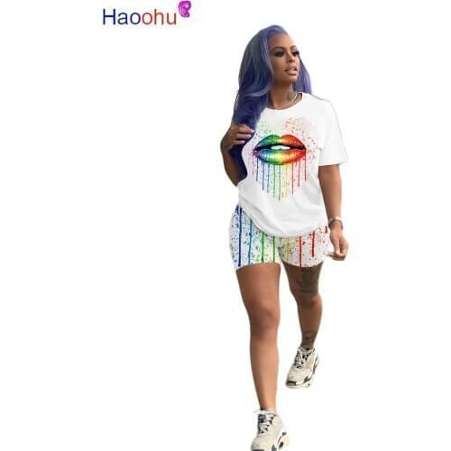 HAOOHU lip Print Sexy Two Piece Outfit Women Clothes O Neck Short Sleeve Loose Top + Biker Short Jogger Plus Size Tracksuits