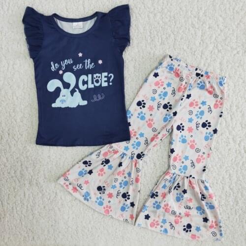 2PCS New Boutique Toddler girls clothes Lovely Childrens Dogs Printed tops and Bell Bottoms boutique kid Summer Set