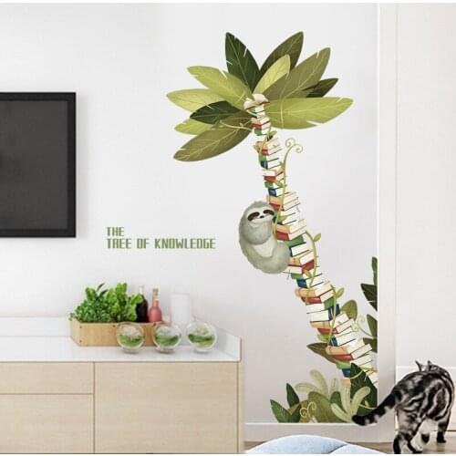 Creative Book Tree Wall Stickers Sloth Wall Decals Living Room Sofa Backdrop Teenager Study Room Decor Self-adhesive Wallpaper