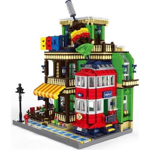 Follow Store =$2 Coupon City Barbecue BBQ Restaurant Street View Architecture MOC Model Building Blocks Bricks Toys For Children