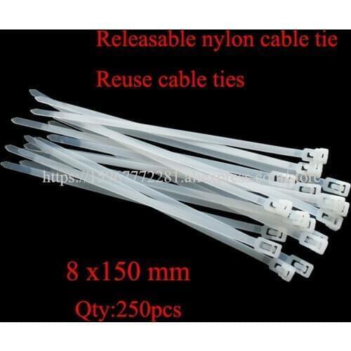 250PCS 8x150mm Releasable nylon cable tie for repeated use Zip Tie Loop Wire Wrap Eco-friendly loose buckle plastic nylon tie