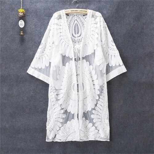 New Summer Swimsuit Lace Hollow Crochet Beach Bikini Cover Up 3/4 Sleeve Women Tops Swimwear Beach Dress White Beach Tunic Shirt