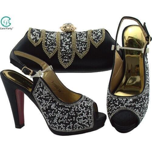New High Heel Shining Crystal Italian design Ladies Shoes and Bag Set for Party African Women Shoes and Bag Set in Black Color