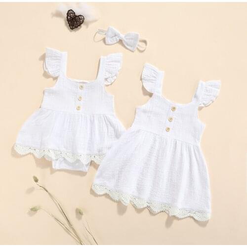 Solid Color Sister Matching Clothes, Irregular Hem Sleeveless Dress/O-neck Romper with Ruffles+Headband