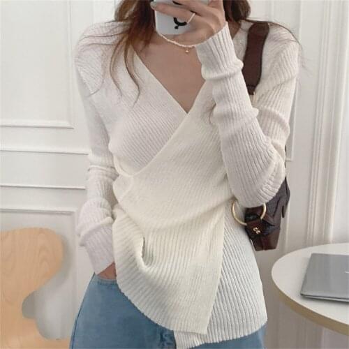 Alien Kitty Sexy V-Neck Cross Knitted Pullover Sweaters Bottoming Gentle Lady Chic Slim Casual 2021 All Match Autumn Hot Women