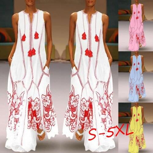 Women Floral Printed Sundress 2021 Summer Maxi Dress Vintage Casual Sleeveless Tunic Vestido Female Long Dresses Robe