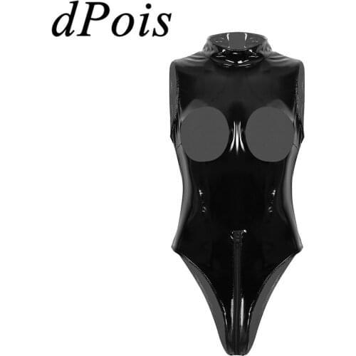 Sexy Womens Patent Leather Open Cup Bodysuit Catsuit Female High Neck Corset Teddy Romper Lingerie Jumpsuit Sexy SNightwear