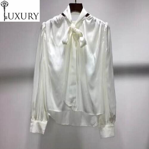 Silk Blouse Shirt Luxury 2020 Autumn Designer Fashion Women Bow Collar Sexy Asymmetrical Style Long Sleeve Black White Shirts