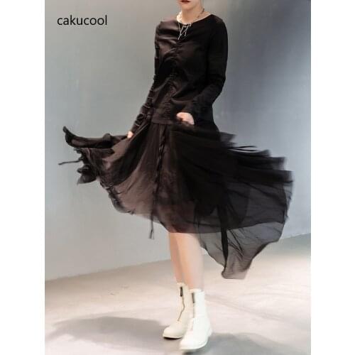 Cakucool Knit slim splicing long-sleeve fairy silk gauze dress small opening sexy and comfortable dress