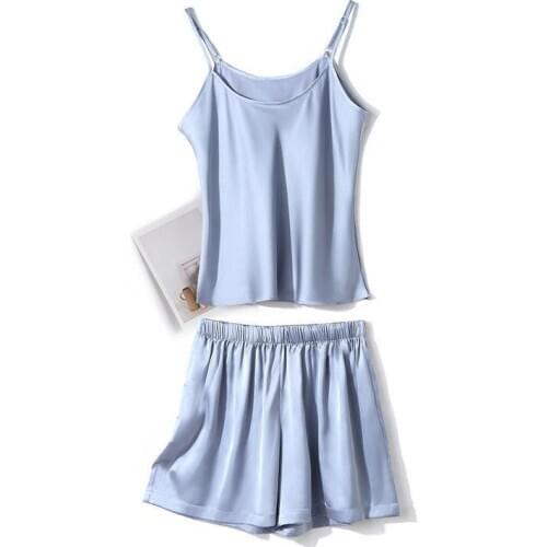 Silky Satin 2PCS Strap Top&Shorts Women Intimate Lingerie Pajamas Suit Sexy Home Clothes Sleepwear Soft Nightwear Pyjamas