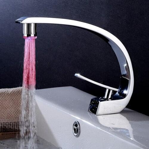 Bathroom Basin faucet With LED Light Chrome Brass Sink Mixer Tap Hot & Cold Single Handle Deck Mounted Lavatory Water Crane Tap