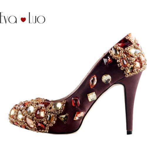 CHS332 Custom Handmade Brown Crystal Bridal Wedding Shoes Dress Pumps High Heel Women Shoes Big Size DHL