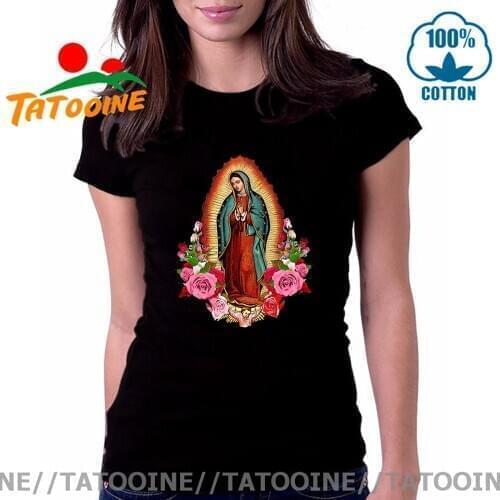 Tatooine Elegant Floral Design Our Lady of Guadalupe Virgin Mary T shirt women God Angel T-shirt 2020 Fashion Tee mujer camiseta