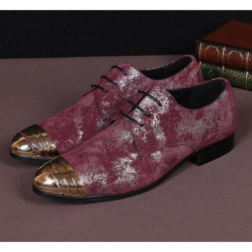 Christia Bella Handmade Golden Pointed Toe Man Oxfords Shoes Big Size Suede Leather Man Party Dress Brogue Shoes Men Derby Shoes