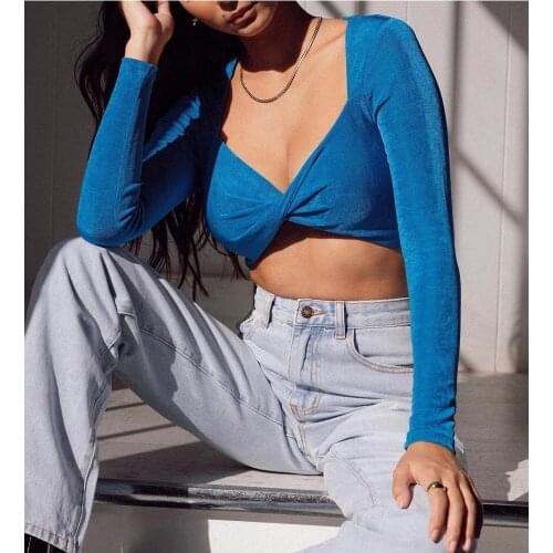 Womens 2021 Summer Twist Front T-Shirts y2k E-Girls Ladies Sexy V Neck Long Sleeve Solid Color Slim Fit Crop Tops