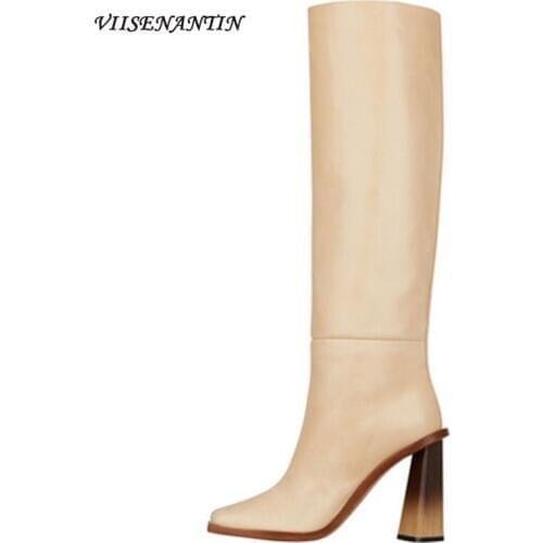 2020 Autumn Large Size High Heel Square Toe But Knee Thick Tide Womens Mid-Length Straight Thick Heel fashion Knight Boots