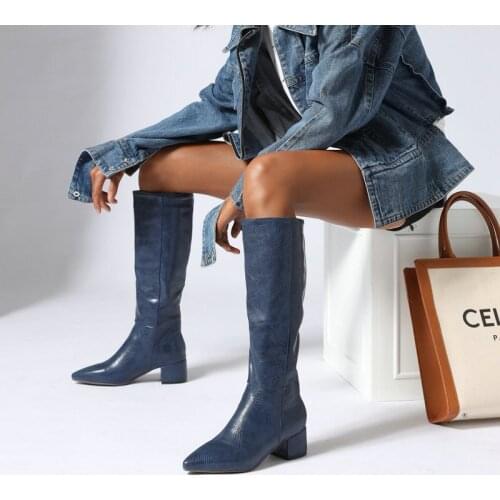 Fashion 2021 Chunky Heels High Knee Boots Yellow Silver Blue Pointed Toe Knee High Long Boots Winter Female Shoes Botas