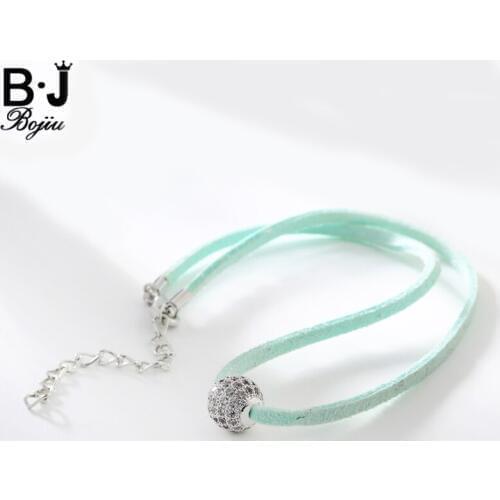 Bojiu Women Energetic Choker Necklace Leather Short Chain Necklace For Girl Silvery Zircon Pendant Necklaces NKS038-4