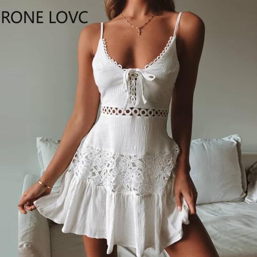 Women Sleeveless Crochet Lace Hollow Out Tie Front Dress Elegant Fashion Mini Dress Chic Dress