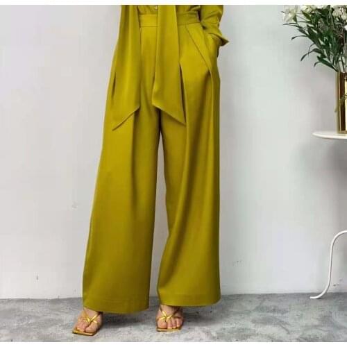2021 early spring womens new high end quality Avocado Green Silk High Waist Wide Leg Pants