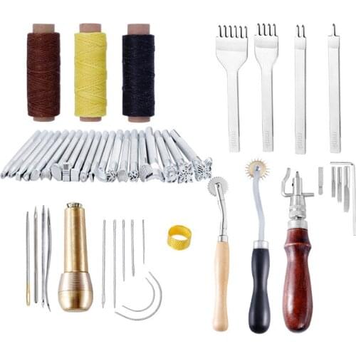 48pcs Professional Leather Craft Tools Kit Hand Sewing Stitching Punch Carving Work Hole Saddle Groover Set Accessories