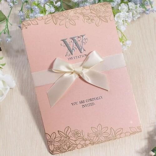 50Pieces/Lot) Personalized Printing Wedding Invitation With Champagne Bow DIY Embossed Flower Cards For Bridal Shower Party