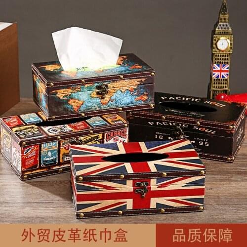 American Style Tissue Box Retro Leather Dispenser Box Holder Home Table Decoration Square Napkin Sheet Paper Box Storage