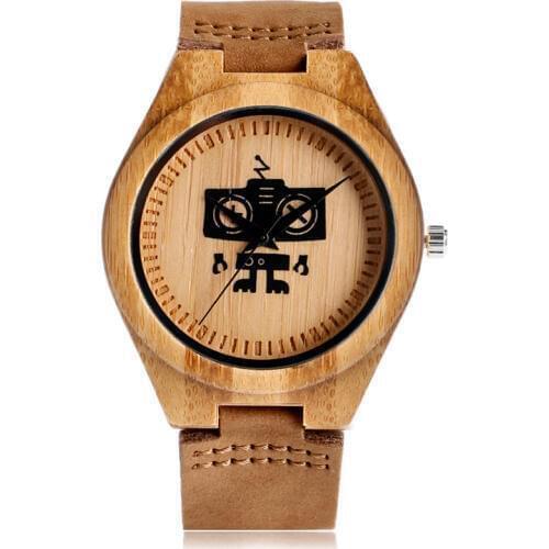 Chic Style Brown Natural Wood Watches Cute Robot Designer Analog Quartz Watch Bamoboo Men Women Wristwatches Hot Selling