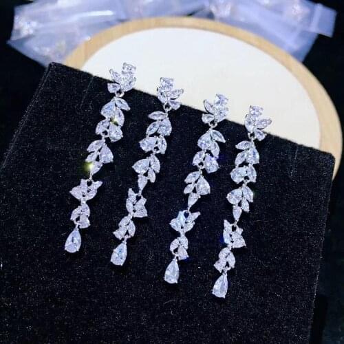 Long earring 925 sterling silver with cubic zircon white color plant leaf fine women jewelry trendy free shipping