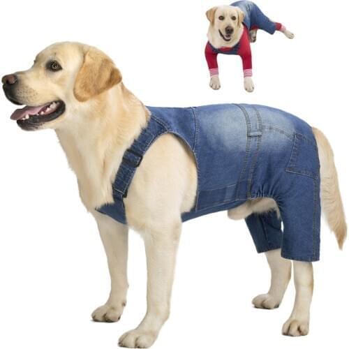 Miaododo Medium Large Dog Jeans Jumpsuit Overalls for Dogs Denim Clothes Costumes Blue Vintage Washed Dog Pants Classic Jacket
