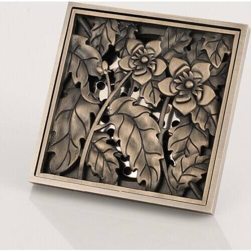 Euro 4 inch Shower Drains Square Bath Drains Strainer Hair Antique Brass Art Carved Bathroom Floor Drain Waste Grate Drain