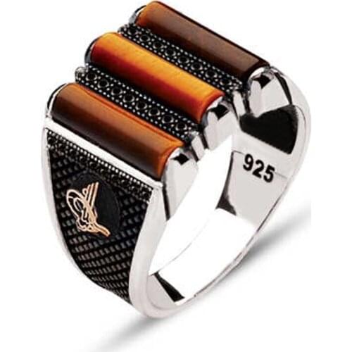 Silver 3 Piece Tiger Eye Stone Edges Tuğralı Male Ring