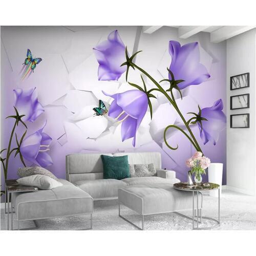 Beibehang wallpaper mural beautiful dream purple flower butterfly 3D TV background wall paper home decoration mural 3d wallpaper