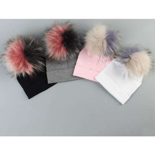 Autumn Winter Newborn Girls Boys Kids Warm Plain Cotton Skullies Beanie Baby Cotton Beanies Hats with Patchwork Raccoon Pompom