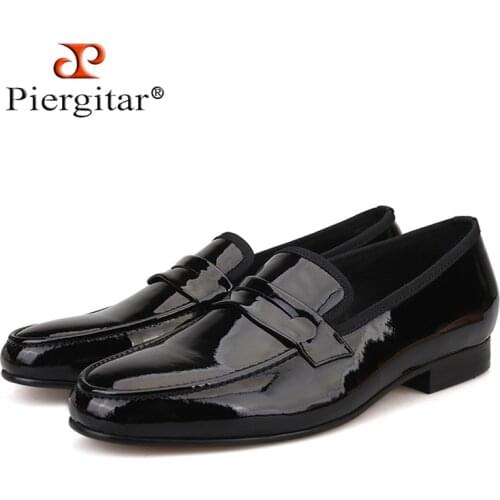 Piergitar Classic Designed Black Patent Leather handmade Shoes Party and Wedding Men Penny Loafers Men Flats Plus size