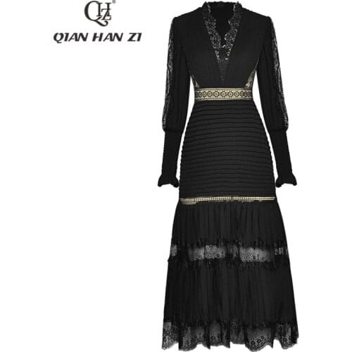 Qian Han Zi 2021 Spring/Summer Designer Fashion Lace Dress Women long-sleeved V-neck pleated retro mid-length slim dress