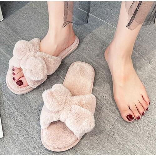 Fluffy Fur Slippers Shoes Women Faux Fur Indoor Floor Slides Woman Home Slipper Ladies Bow Tie Furry Shoe Soft Female Flip Flops