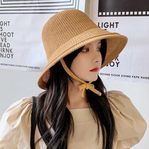 Foldable Women‘s Sun Hats New 2021 Summer Knitted Breathable Wide Brim Bucket Hat Bob Panama Sun Protection Travel Beach Cap