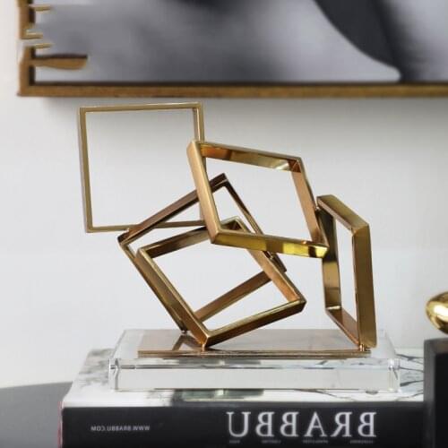 Modern Creative Plating Gold Metal Geometric Square Statue Home Crafts Room Decor Objects Office K9 Crystal Base Sculpture