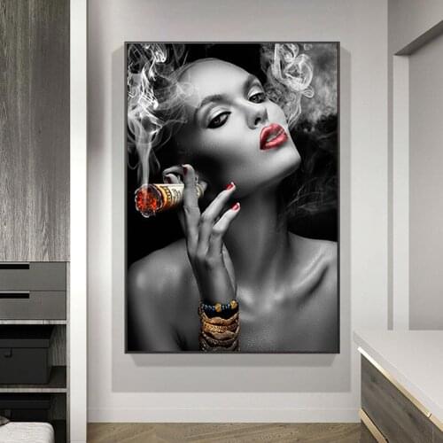 Modern Sexy Smoking Woman Canvas Painting Black and White Posters and Prints Wall Art Picture for Living Room Home Decor Cuadros